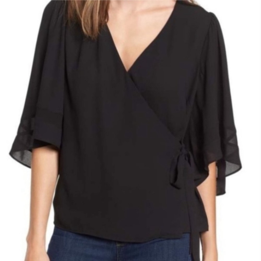 Chelsea28 Black Flutter Sleeve Wrap Blouse